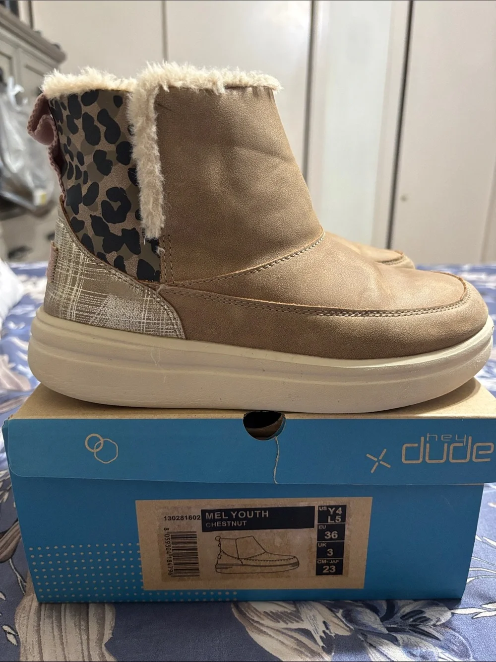 Hey Dude Mel Youth Chestnut Boots with Pink Accents and Leopard Print